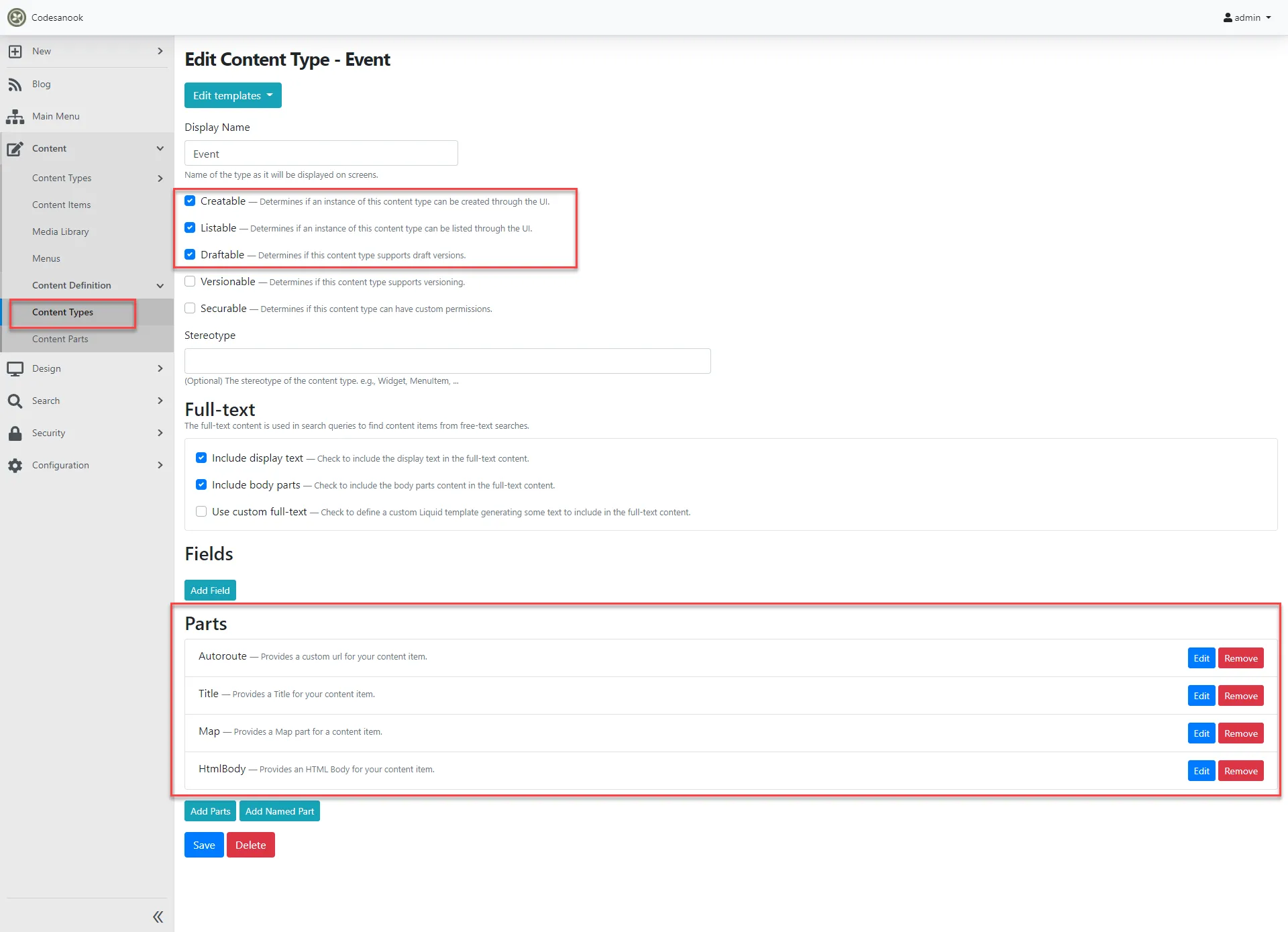 Event content type definition