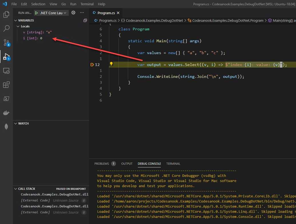 debug LINQ in VS Code